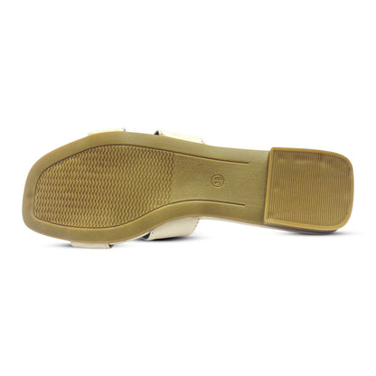 Women's Slipper Sandals – Elegant Beige Open-Toe Slide with Gold Buckle Detail