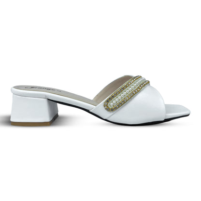 Chic Mid Heel Sandal for Women – Stylish Pink Slide with Elegant Metallic Buckle Design